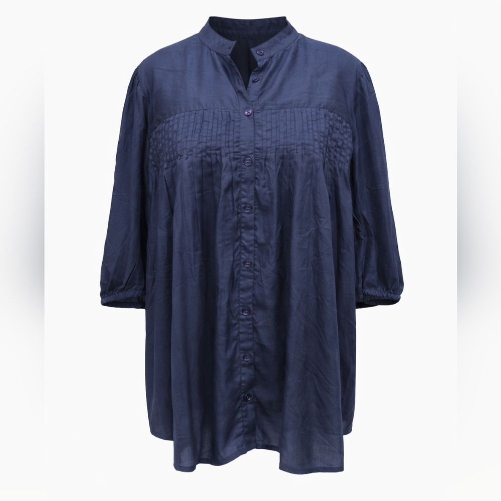 Holiday Trading Navy 100% Modal Smocked Boho Button Front Blouse NWT